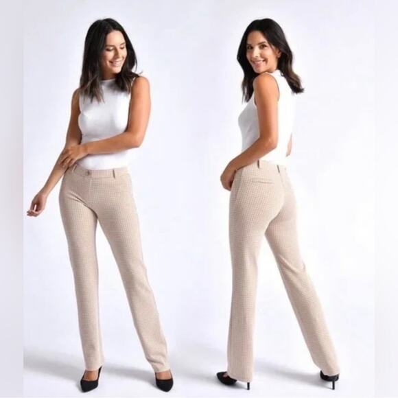 Betabrand Dress Pant Yoga Pants Straight-Leg Classic TaupeGingham Size Medium